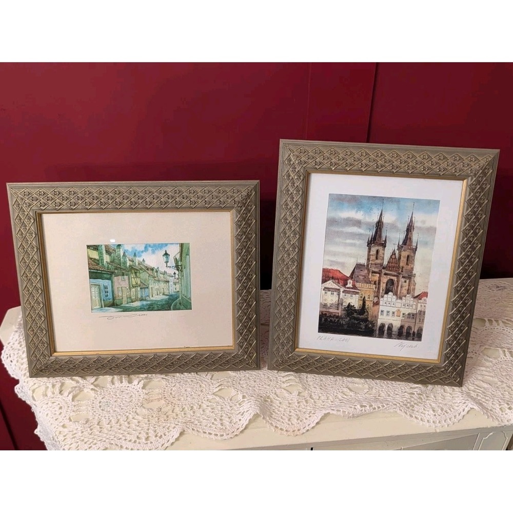 Set of 2 Prague Praha Czech Original Signed Watercolors Framed Art 12.5"x10.5"